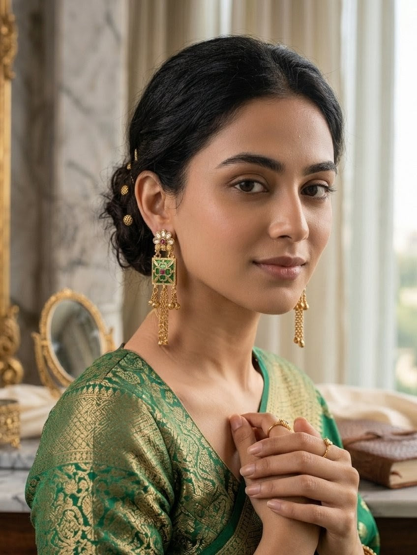 Jalparee Kundan and Green Enamel Traditional Dangle Earrings with Pearl Accents