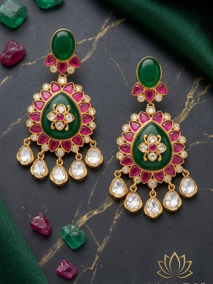 Jalparee Regal Emerald and Ruby Kundan Gold Meenakari-Style Dangle Earrings