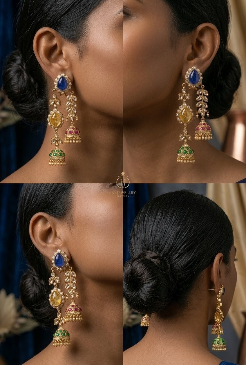 Jalparee Heritage Kundan and Multi-Gemstone Triple Jhumka Dangle Earrings