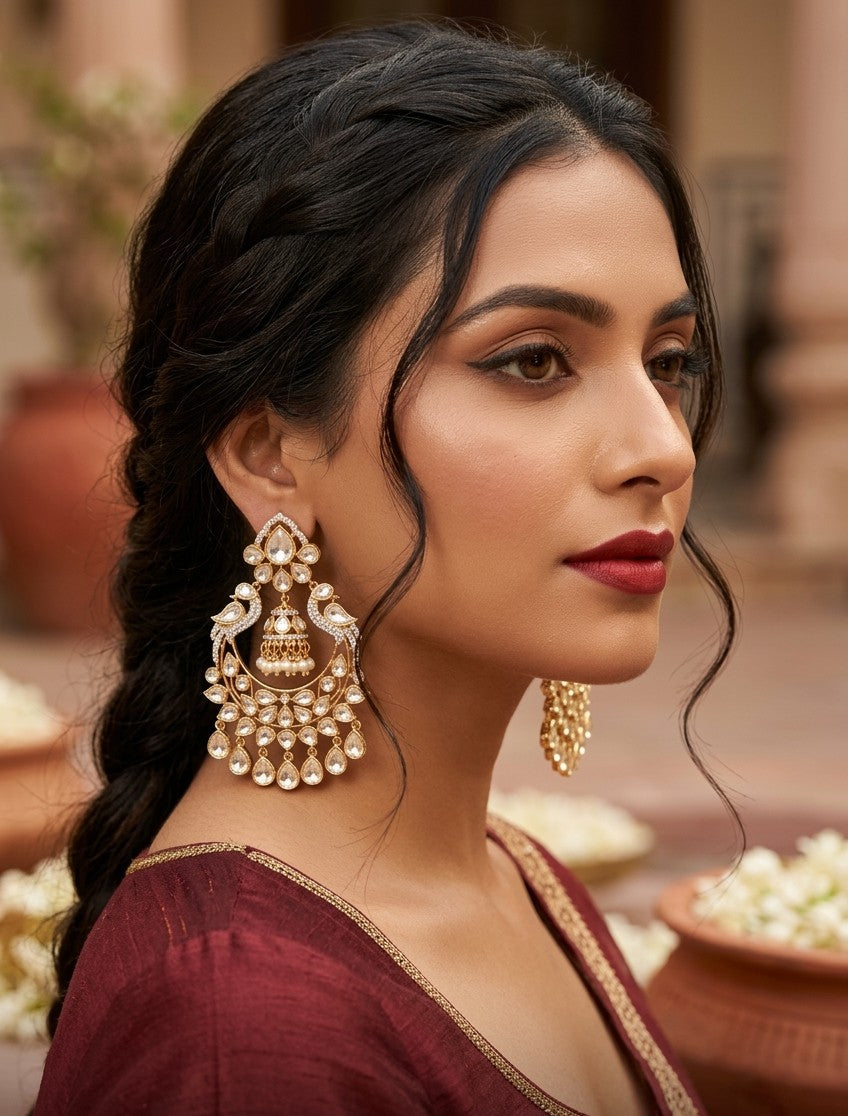 "Mayura Heritage" Handcrafted Kundan Chandbali Earrings with Jhumka Drop & Pearl Clusters