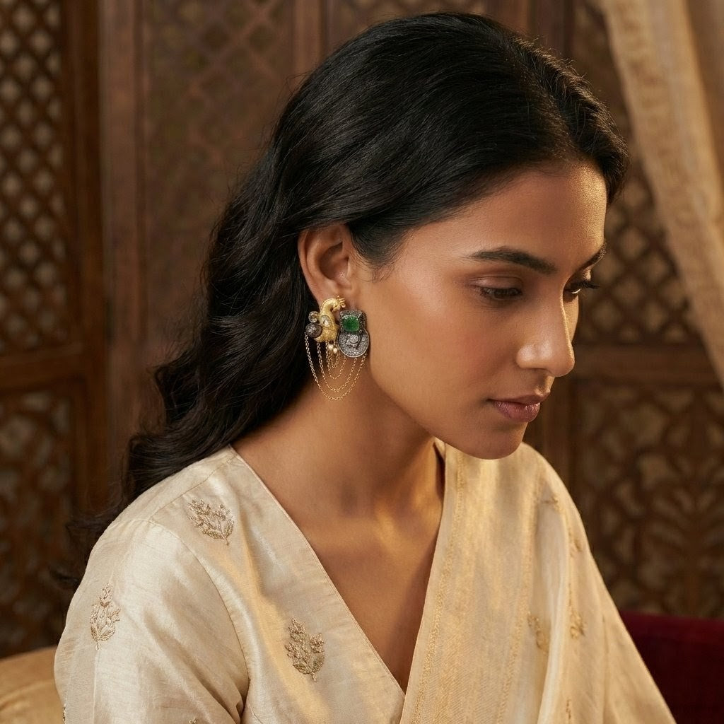 Jalparee's 'Mayura' Vintage-Style Dual-Tone Peacock Earrings with Emerald & Chain Drops