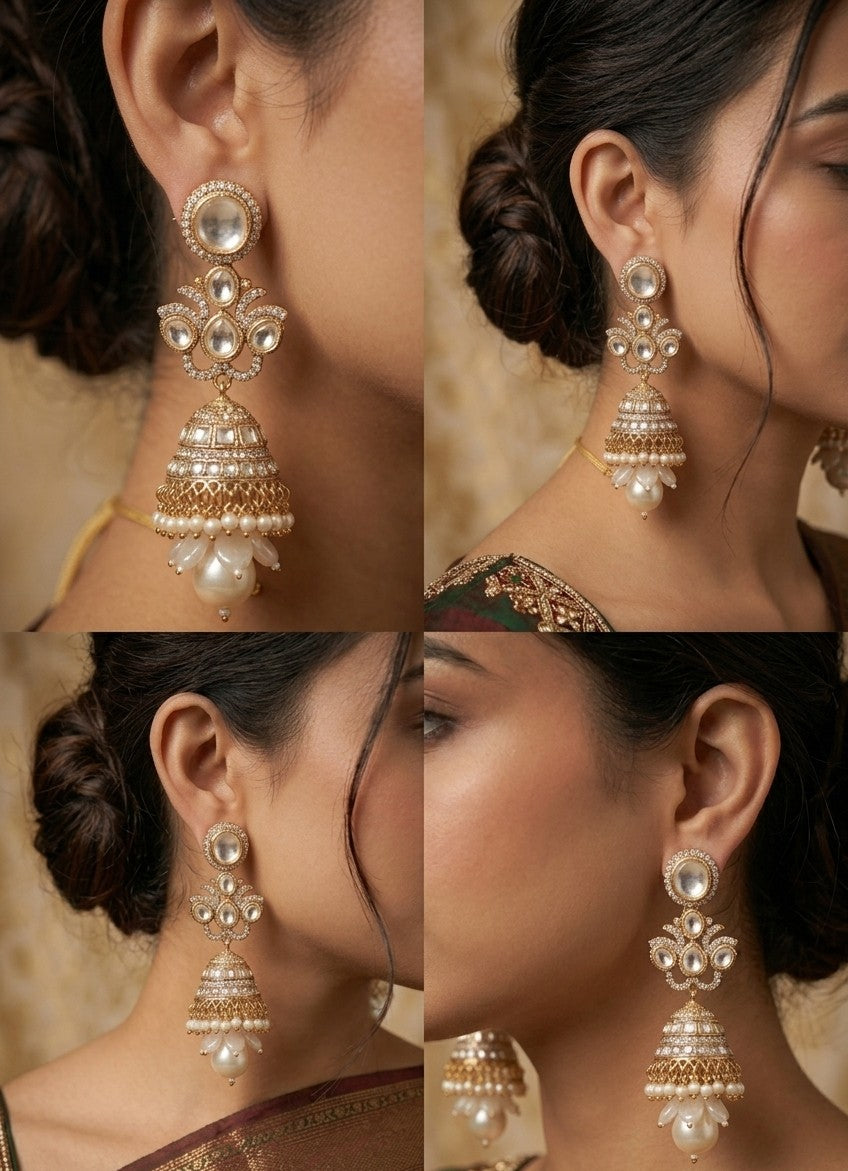Jalparee Kundan Polki & Pearl Drop Jhumka Earrings