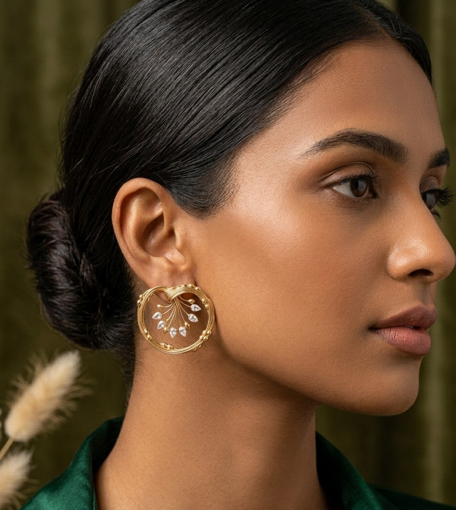 Jalparee Traditional Intricate Interlocking Gold-Toned Hoop Earrings with Shimmering CZ Cluster