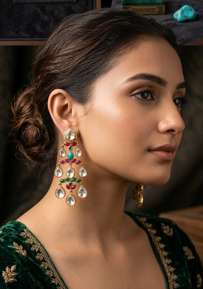 Jalparee Regal Multi-Stone Kundan Chandelier Earrings