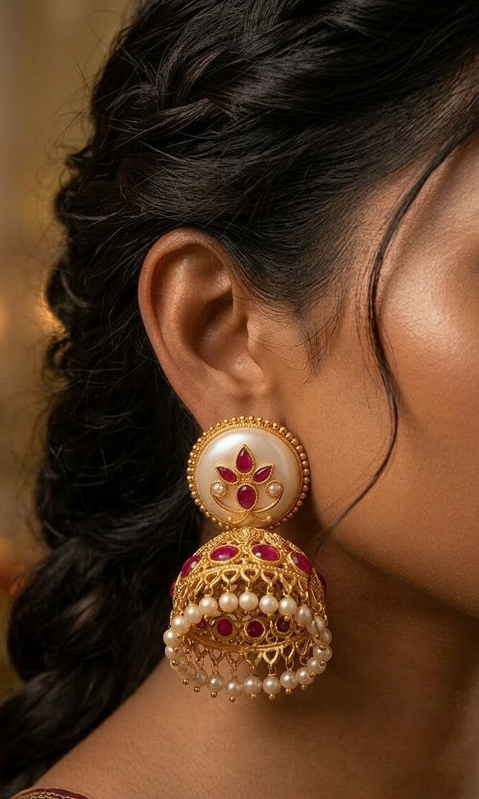 Jalparee Meera Gold-Plated Kundan & Ruby Jhumka Earrings with Pearls