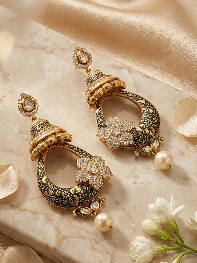 Jalparee Exquisite Gold-Tone Black Enamel & Stone Floral Jhumka Earrings with Pearl Drop