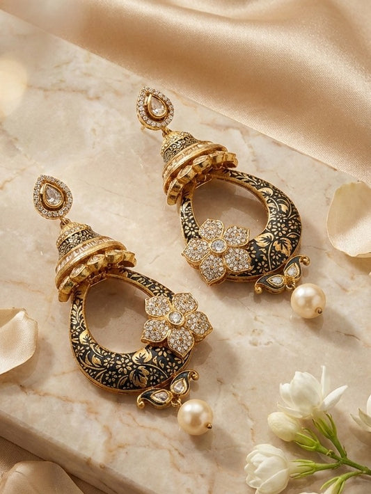 Jalparee Exquisite Gold-Tone Black Enamel & Stone Floral Jhumka Earrings with Pearl Drop