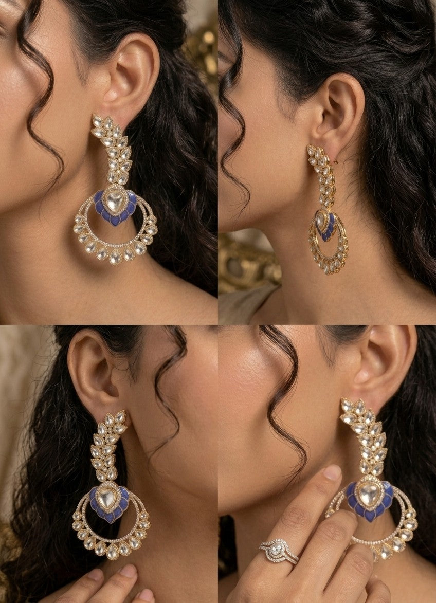 Jalparee Kundan and Blue Enamel Royal Drop Earrings with Detachable Hoop