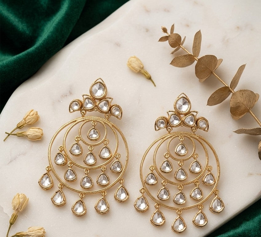 Jalparee "Virasat" Kundan Gold Plated Multi-Tiered Hoop Earrings with Teardrop Dangles