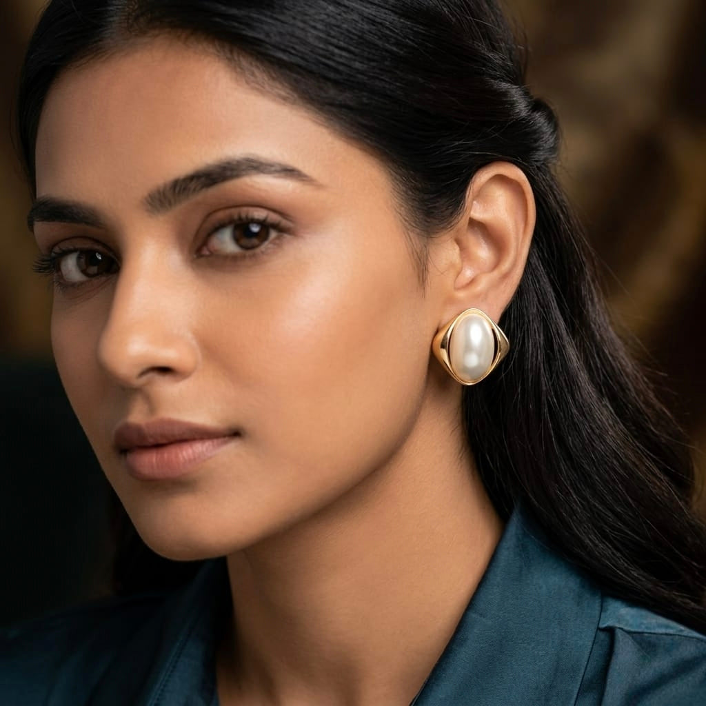 Jalparee Elegant Oval Pearl Stud Earrings in Gold-Toned Geometric Frame