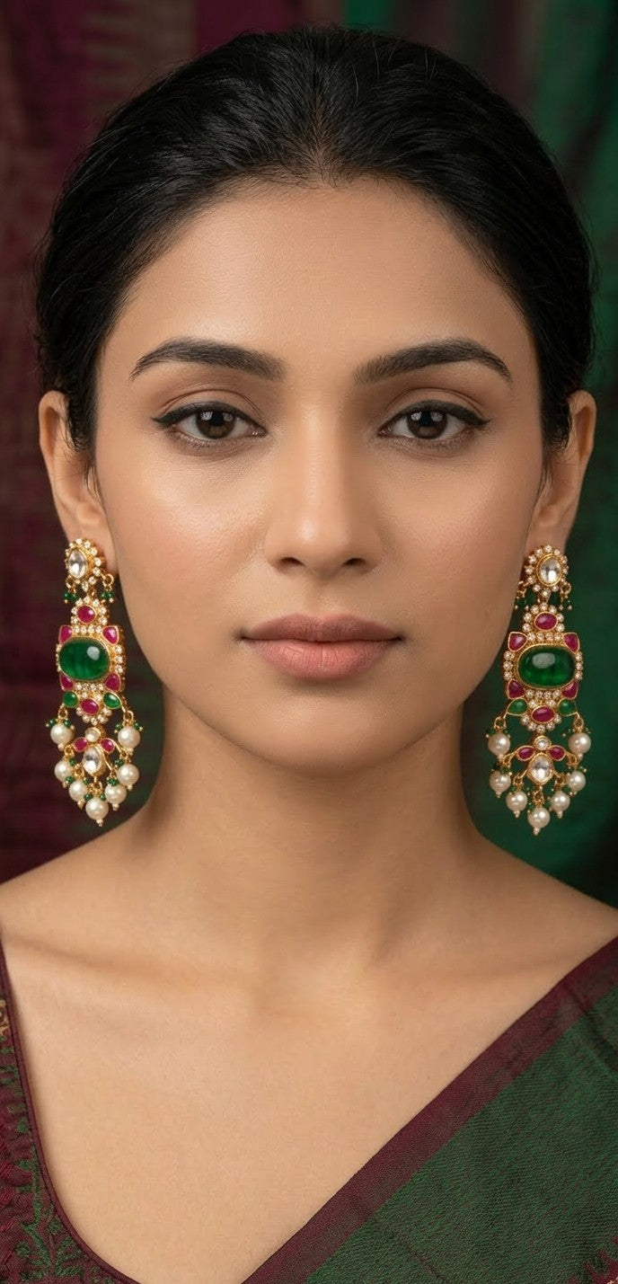 Jalparee 'Emerald & Ruby Regal Kundan-Style Chandelier Earrings with Cascading Pearls'