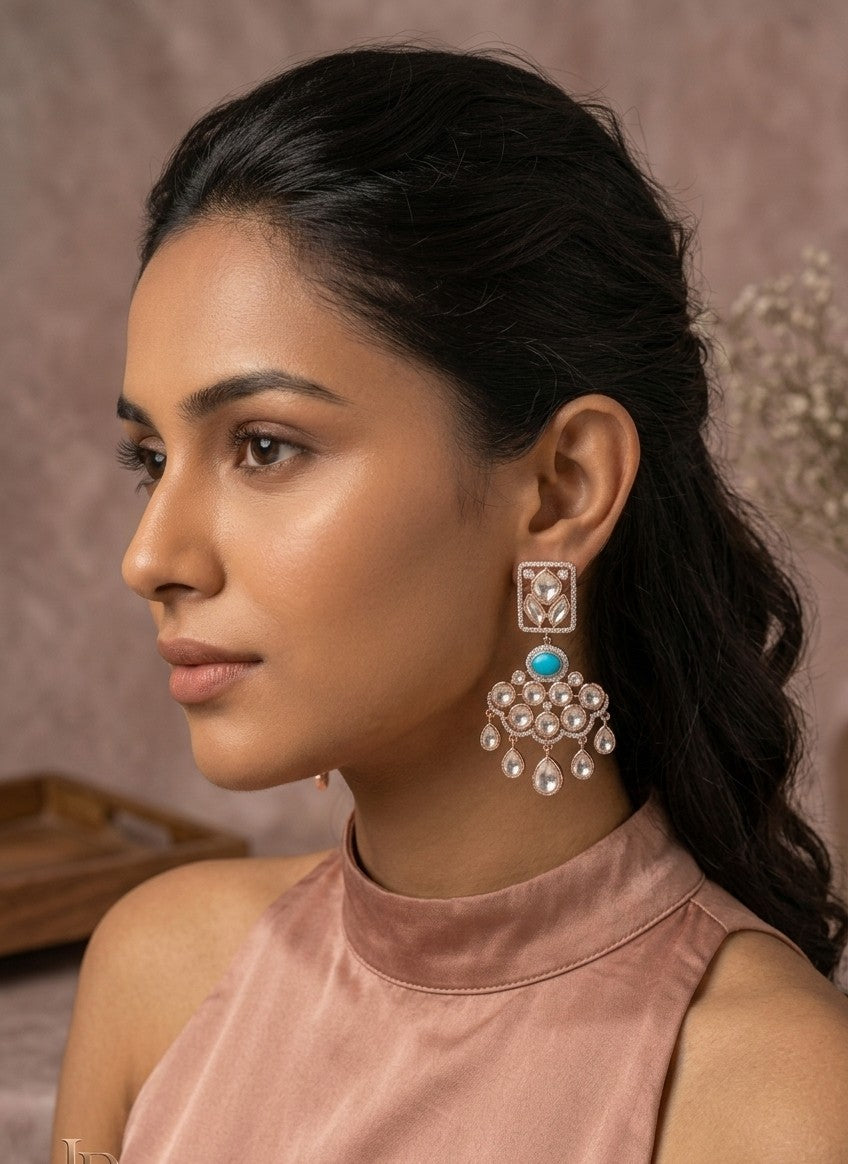 Jalparee "Turquoise and Polki Elegance" Traditional Chandelier Earrings – Handcrafted Kundan and Turquoise Stone Design in Gold Finish