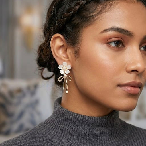 Jalparee Mother of Pearl Floral Bow Drop Earrings – Elegant Western Blossom Dangles