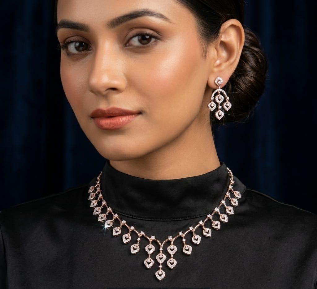 Radiant Rose Gold Diamond-Finish Leaf Necklace Set