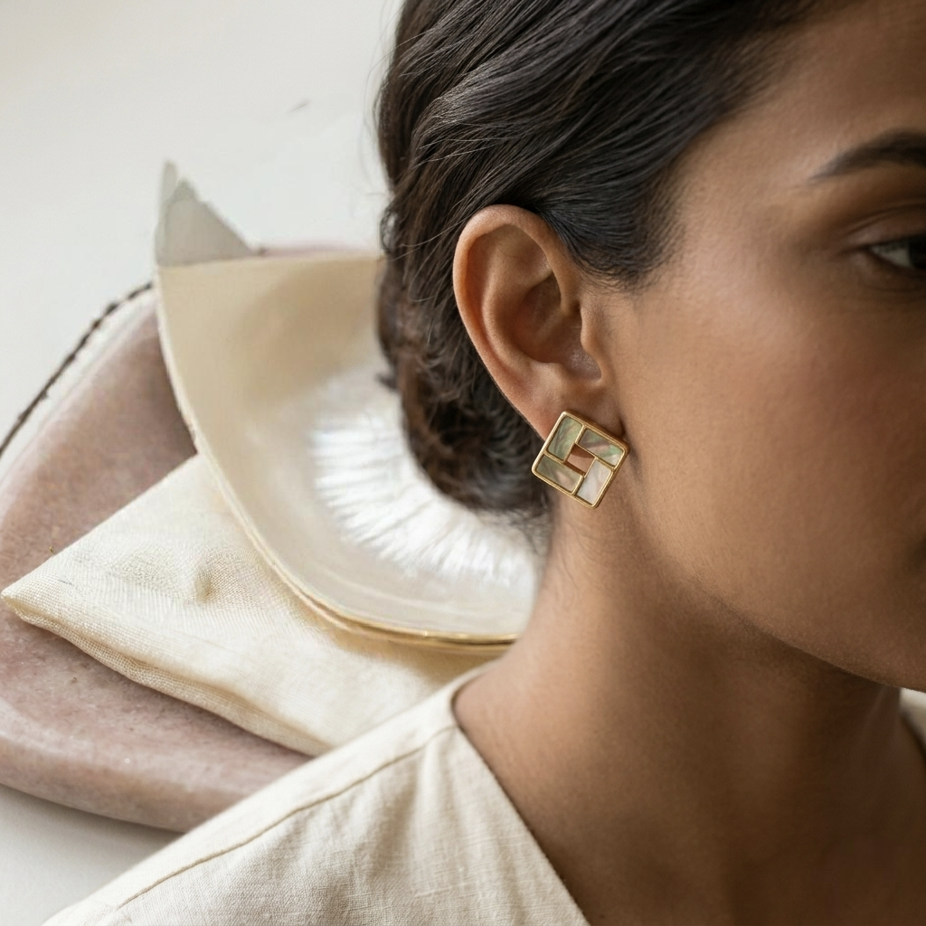 Jalparee Elegant Geometric Mother of Pearl Square Stud Earrings