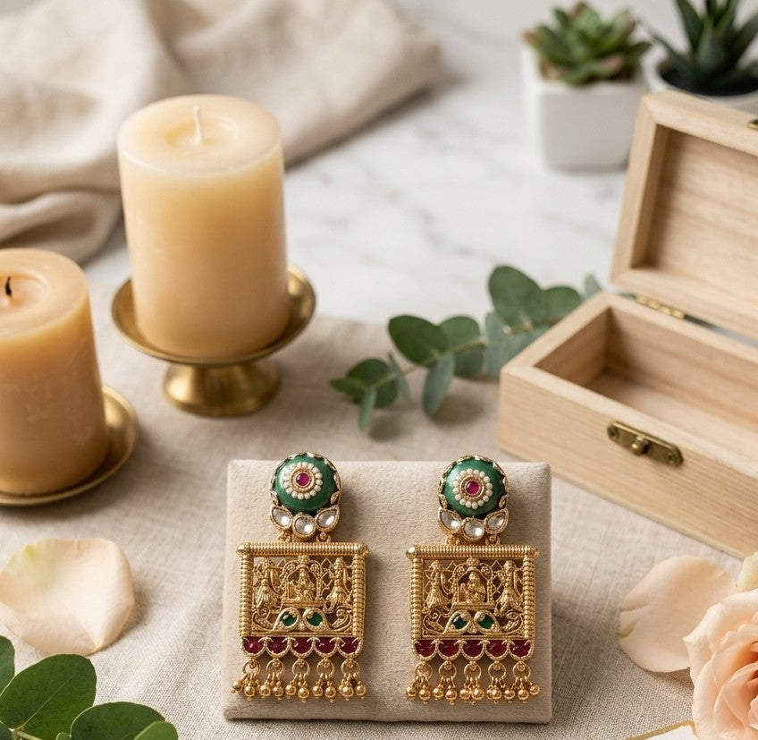 Jalparee ‘Virasat’ Kundan & Meenakari Temple Dangle Earrings with Red Bead Drops