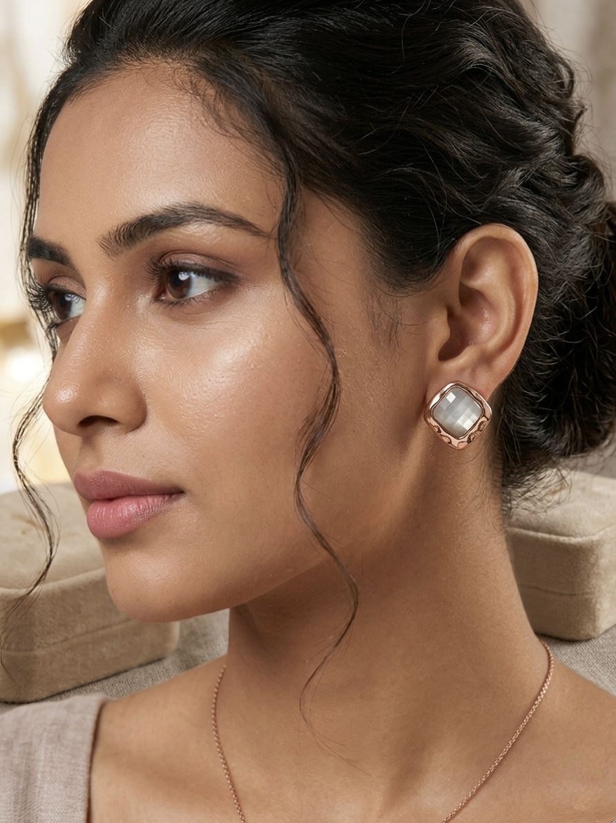 Jalparee Aura Geometric Mother of Pearl Stud Earrings – Rose Gold Textured Border