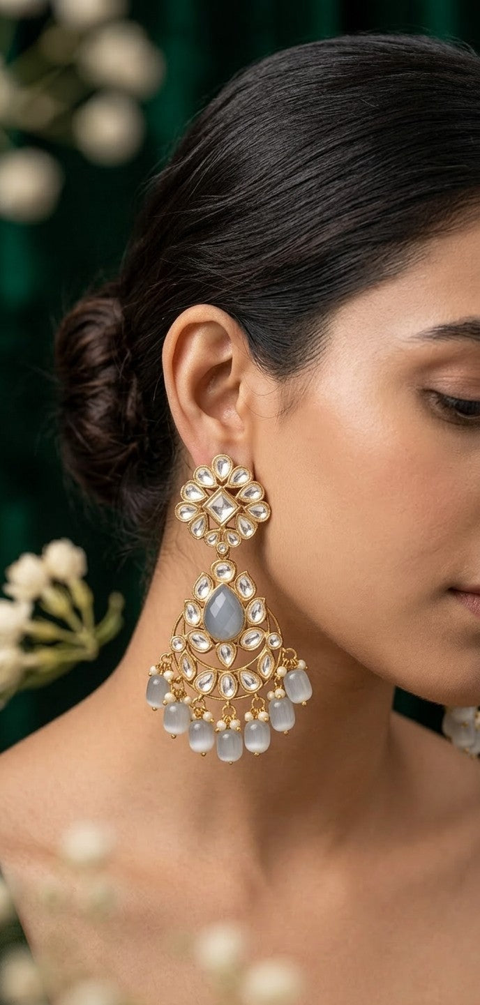 Jalparee Heritage Kundan & Milky Grey Cat's-Eye Agate Statement Drop Earrings