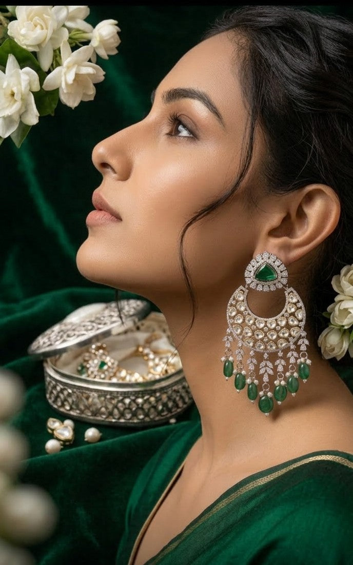 Jalparee Heritage Emerald & Polki Chandbali Chandelier Earrings