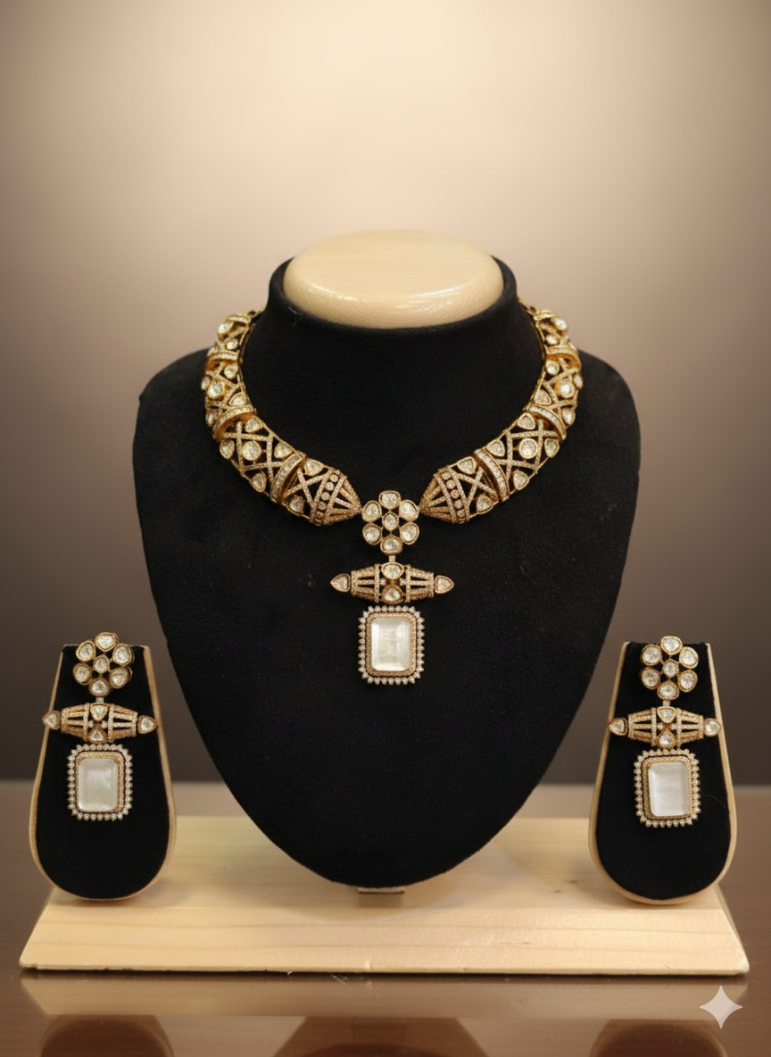 Exquisite Polki and Diamond-Look Necklace Set