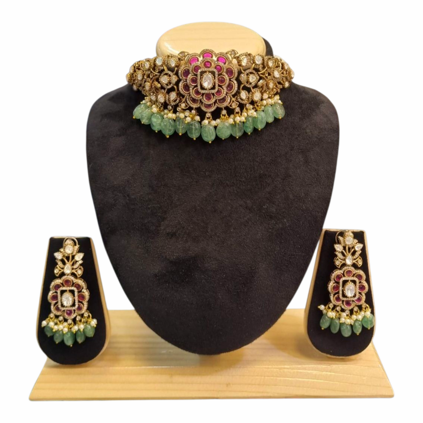 Traditional Ruby & Emerald Stone Studded Choker Necklace Set with Earrings