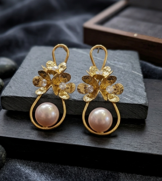 Golden Blossom & Pearl Drop Earrings