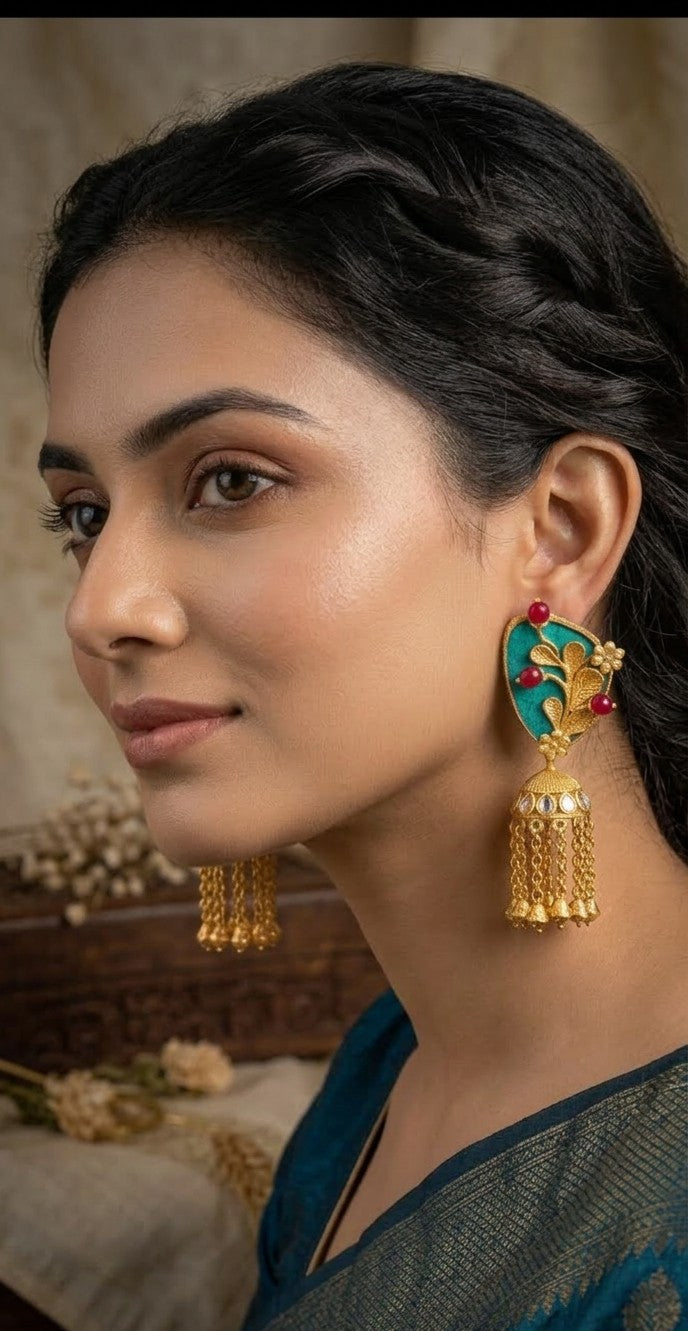 Jalparee Heritage Collection: Gold-Plated Turquoise & Ruby Kundan Jhumka Earrings with Bell Droplets