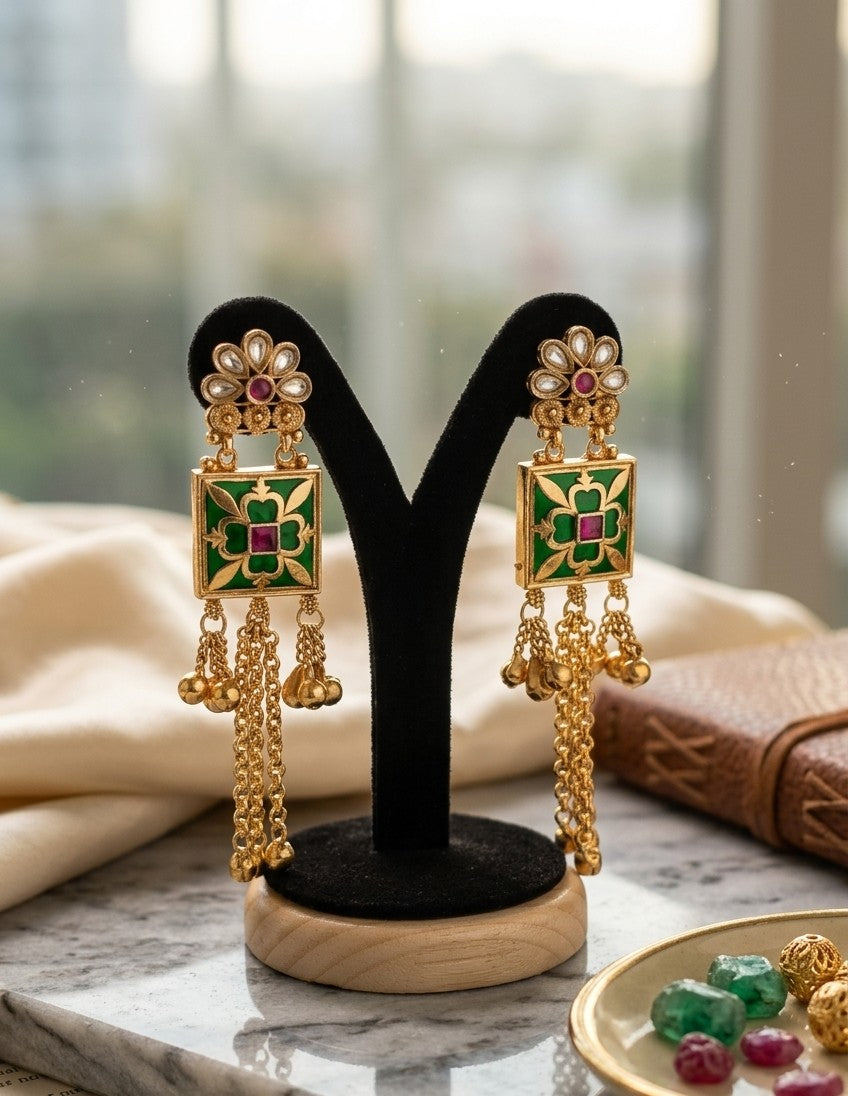 Jalparee Kundan and Green Enamel Traditional Dangle Earrings with Pearl Accents