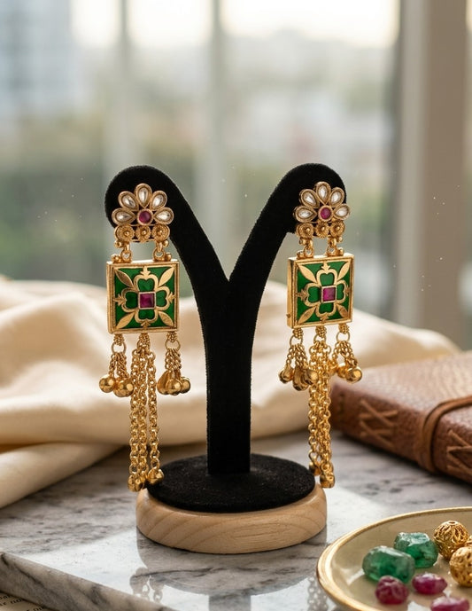 Jalparee Kundan and Green Enamel Traditional Dangle Earrings with Pearl Accents