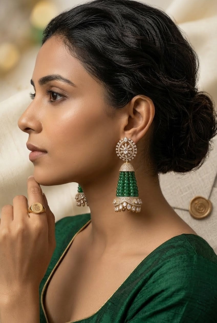 ✨ Traditional Diamond & Emerald Jhumka Earrings by Jalparee ✨