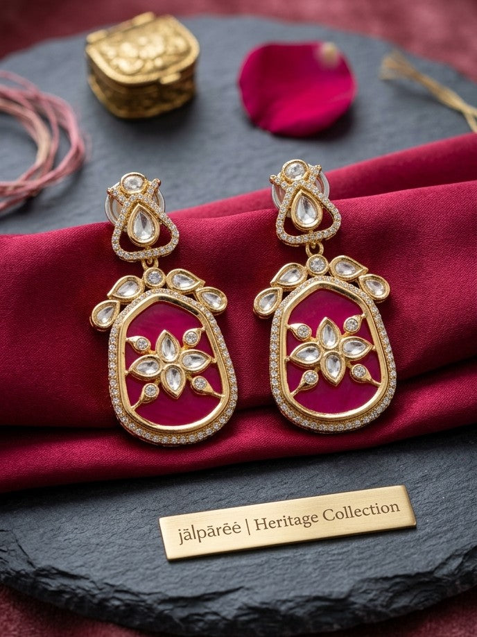 Jalparee Heritage Collection: Royal Fuchsia Enamel & Kundan Statement Dangling Earrings