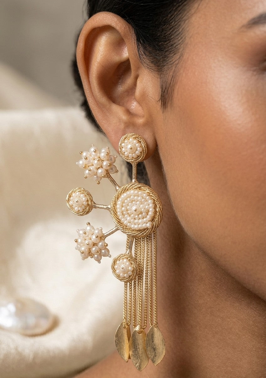 Jalparee Regal Gold-Plated Filigree & Pearl Medallion Statement Earrings with Cascading Tassels
