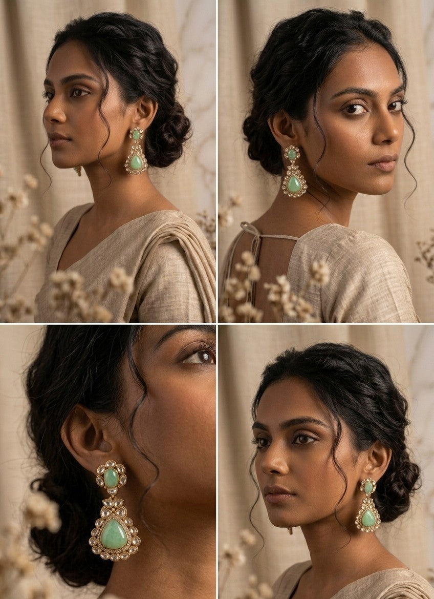 Jalparee Kundan Polki & Mint Green Stone Dangler Earrings