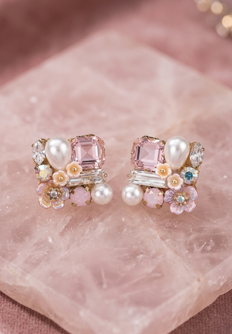Blossom & Crystal Square Stud Earrings – Pastel Elegance