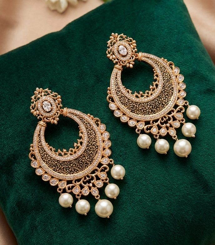 Jalparee 'Noor' Gold-Plated CZ & Pearl Chandbali Earrings