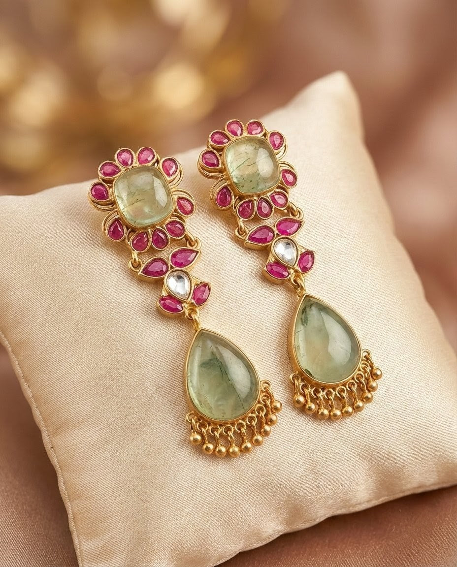 Jalparee Traditional Gold-Plated Kundan Style Earrings with Carved Green & Ruby Stones