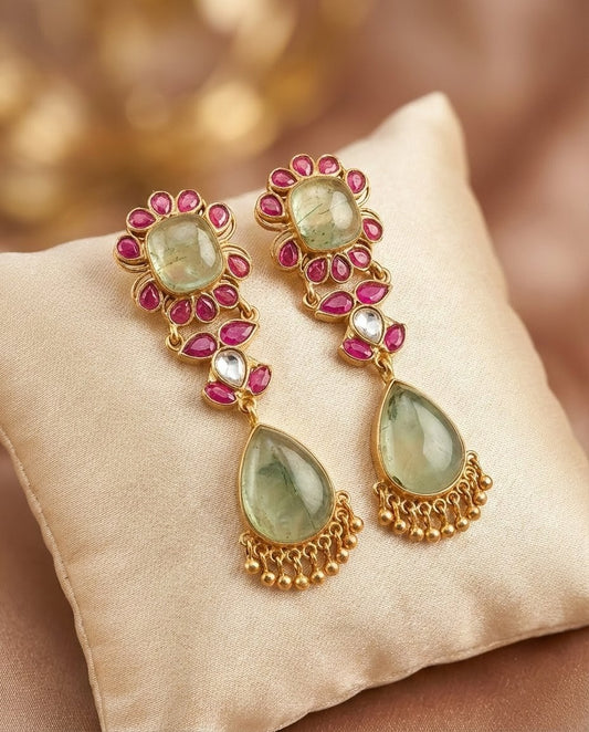 Jalparee Traditional Gold-Plated Kundan Style Earrings with Carved Green & Ruby Stones