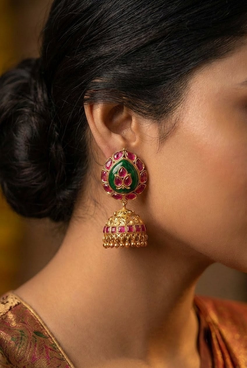 Jalparee 'Maharani' Ruby & Green Enamel Gold-Toned Jhumka Earrings