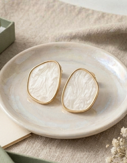Jalparee Ivory Marble Abstract Geometric Stud Earrings – Contemporary Gold-Plated Western Statement Earrings