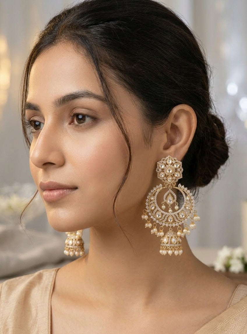 Jalparee Meera Kundan Jhumka Earrings with Pearls - Majestic Traditional Chandelier Jhumkas for Brides & Special Occasions