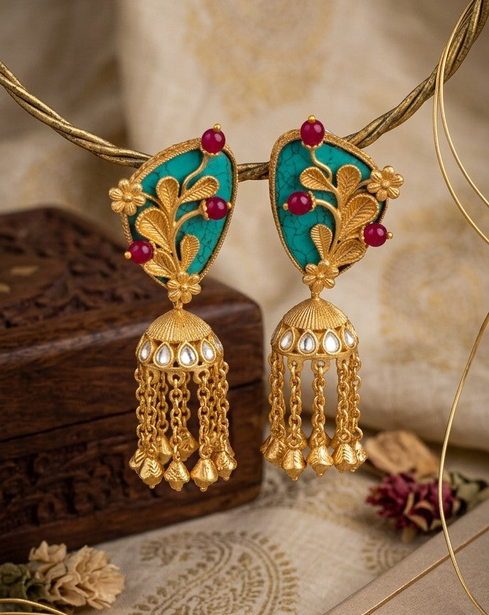 Jalparee Heritage Collection: Gold-Plated Turquoise & Ruby Kundan Jhumka Earrings with Bell Droplets