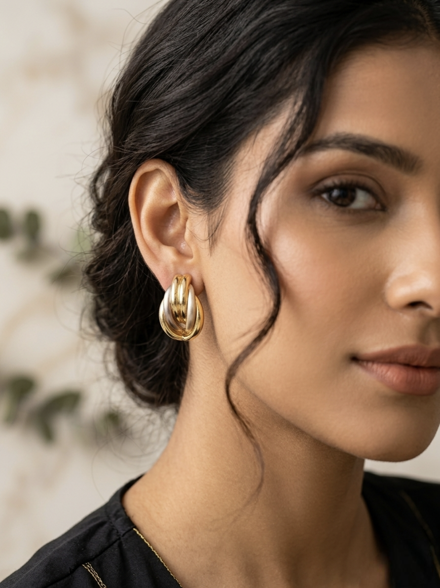 Jalparee Elegant Tri-Tone Interlocking Knot Stud Earrings – Classic Western Style