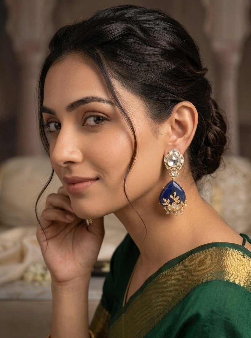 Navratna Kundan Polki Teardrop Jhumka Earrings with Royal Blue Sapphires