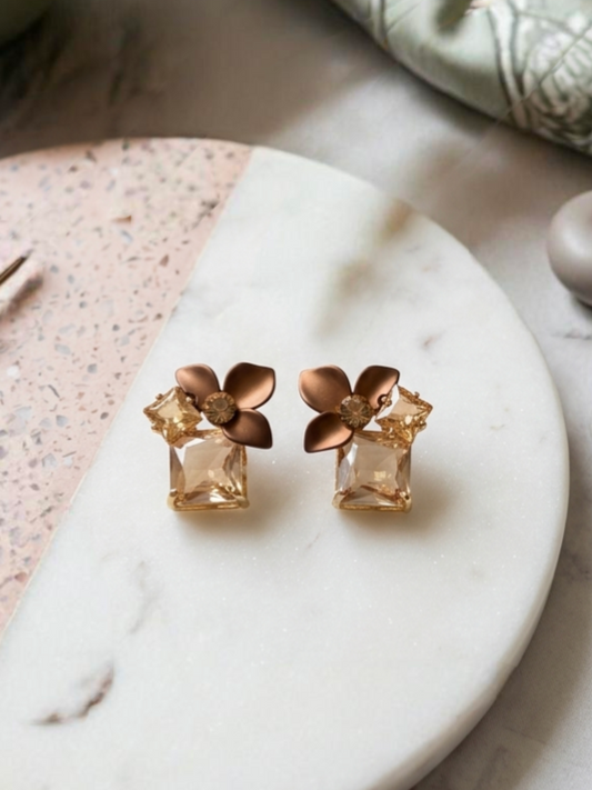 Jalparee Matte Bronze Floral & Champagne Crystal Statement Stud Earrings