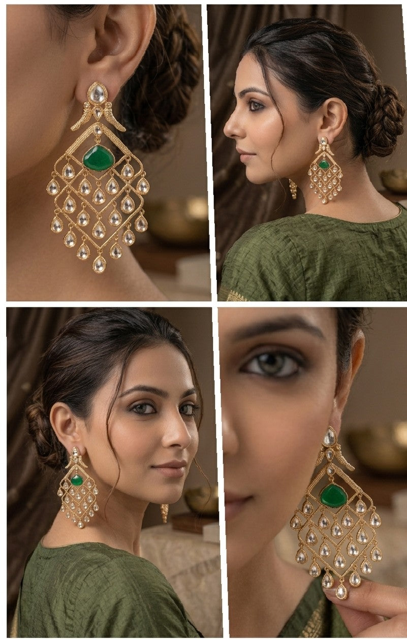 Jalpärēē Traditional Kundan & Emerald-Drop Chandelier Earrings