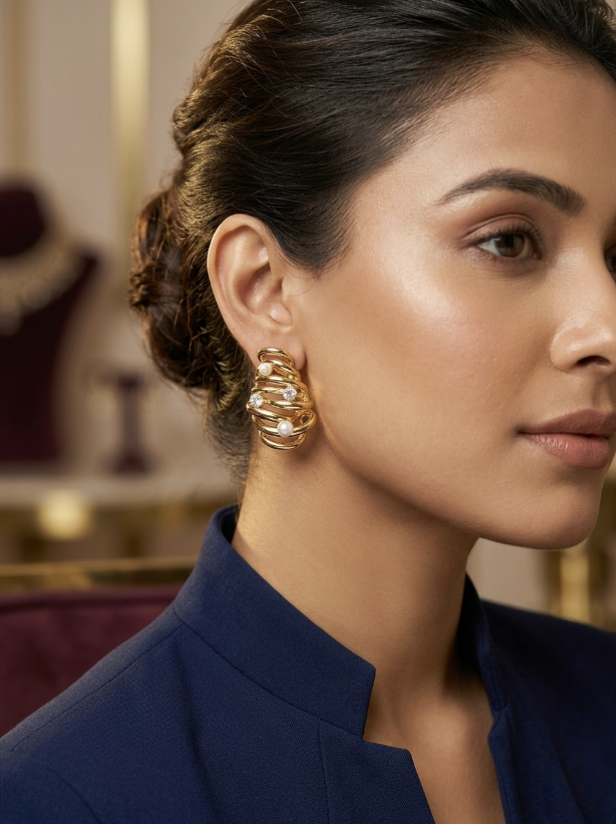 Jalparee Aura Contemporary Golden Nest Earrings with Delicate Pearls & Accents