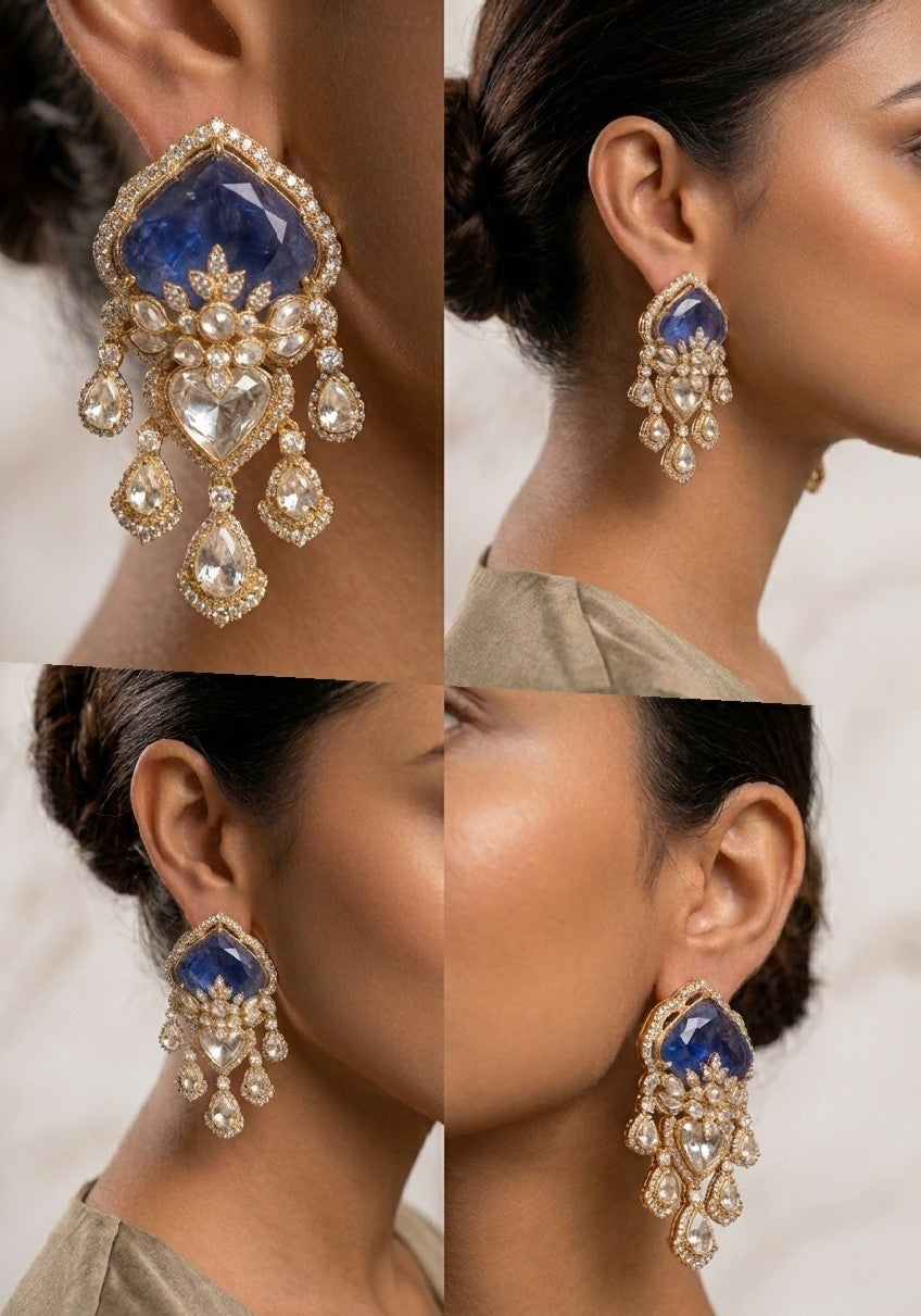 The Neelima Heritage Jhumka – Royal Blue Sapphire & Polki Drop Earrings