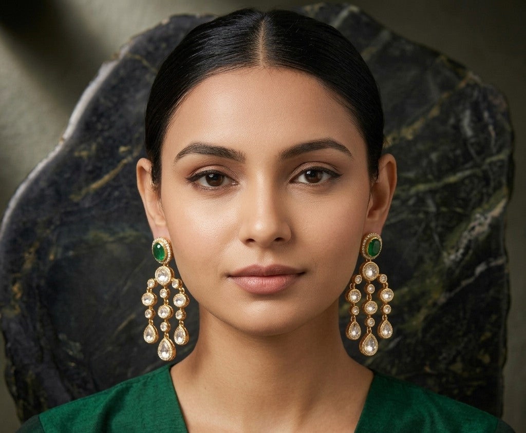 Jalparee Heritage Green Polki Dangle Earrings - Traditional Indian Wedding Jewelry