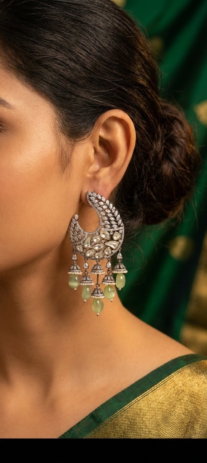 Jalparee Polki-Style CZ Silver Chandbali Earrings with Cascading Green Beads