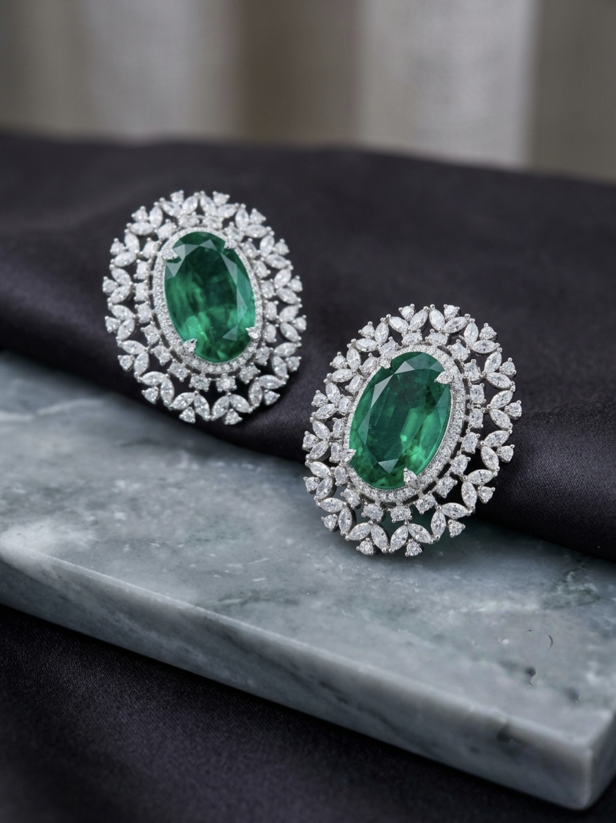 Royal Emerald Green AD Floral Statement Studs